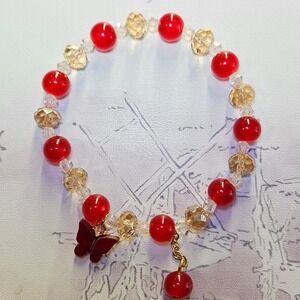 Red Beaded Charm Bracelet‎ Butterfly Dangle Gemstone Women Casual Everyday